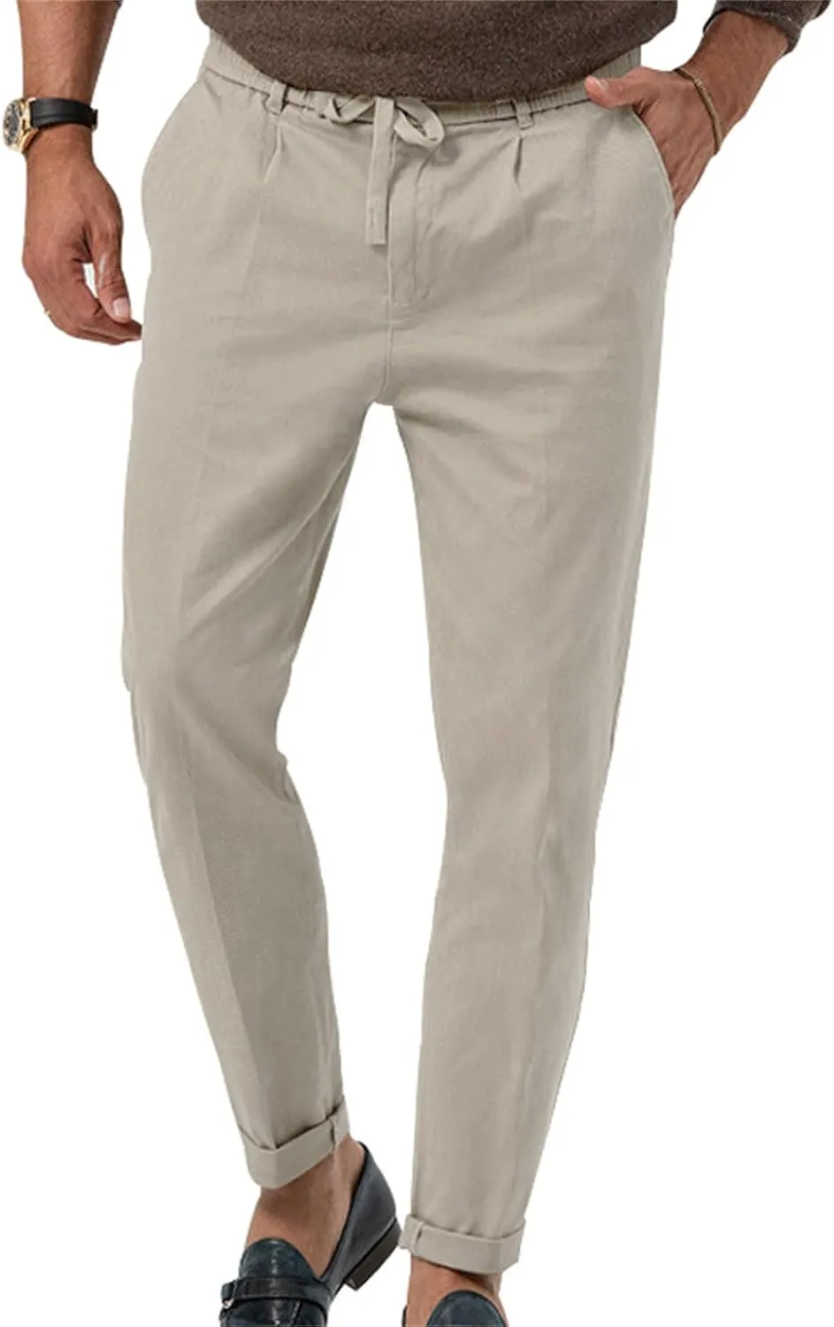 Mens Tapered Pants Casual Linen Pants Elastic Waist Slim Fit Beach Yoga Business Lightweight Cotton Trousers with Pockets