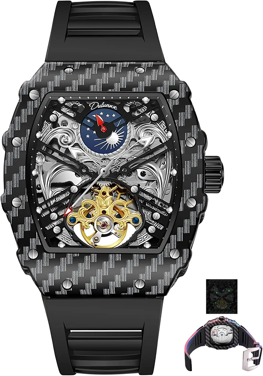 Men's Tonneau Skeleton Automatic Watch for Men Tourbillon Mechanical Wristwatch Luminous Moon Phase Man Watches