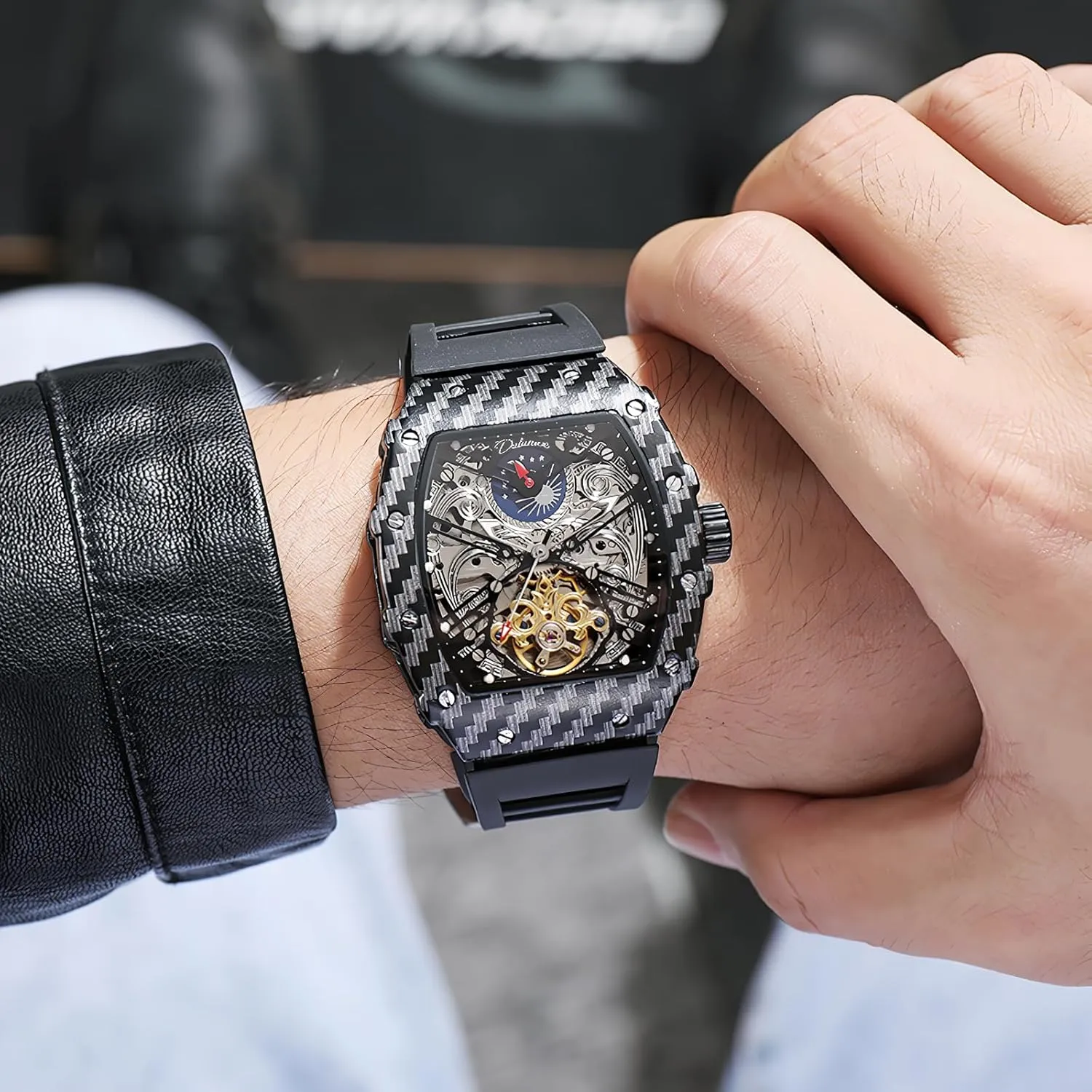Men's Tonneau Skeleton Automatic Watch for Men Tourbillon Mechanical Wristwatch Luminous Moon Phase Man Watches