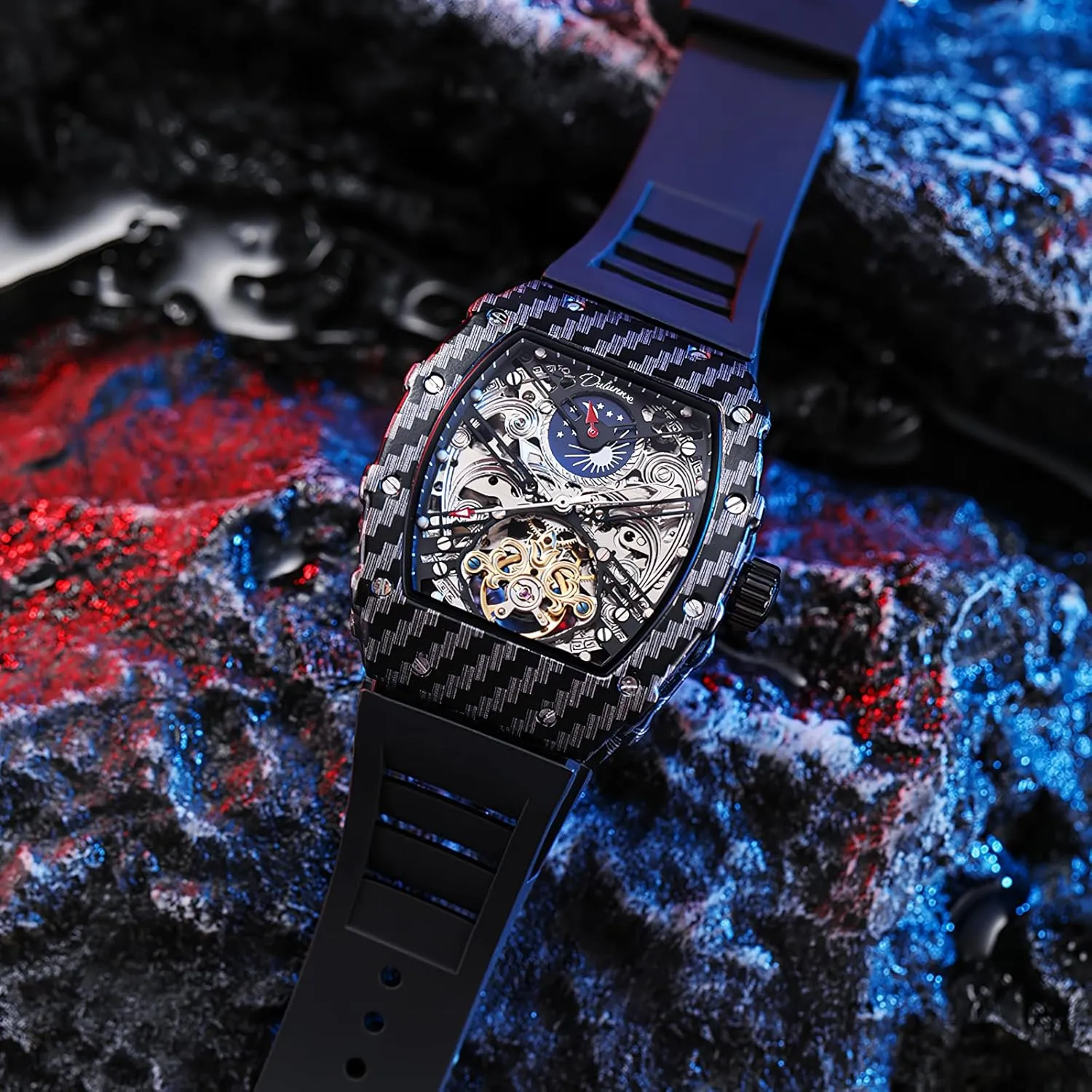 Men's Tonneau Skeleton Automatic Watch for Men Tourbillon Mechanical Wristwatch Luminous Moon Phase Man Watches