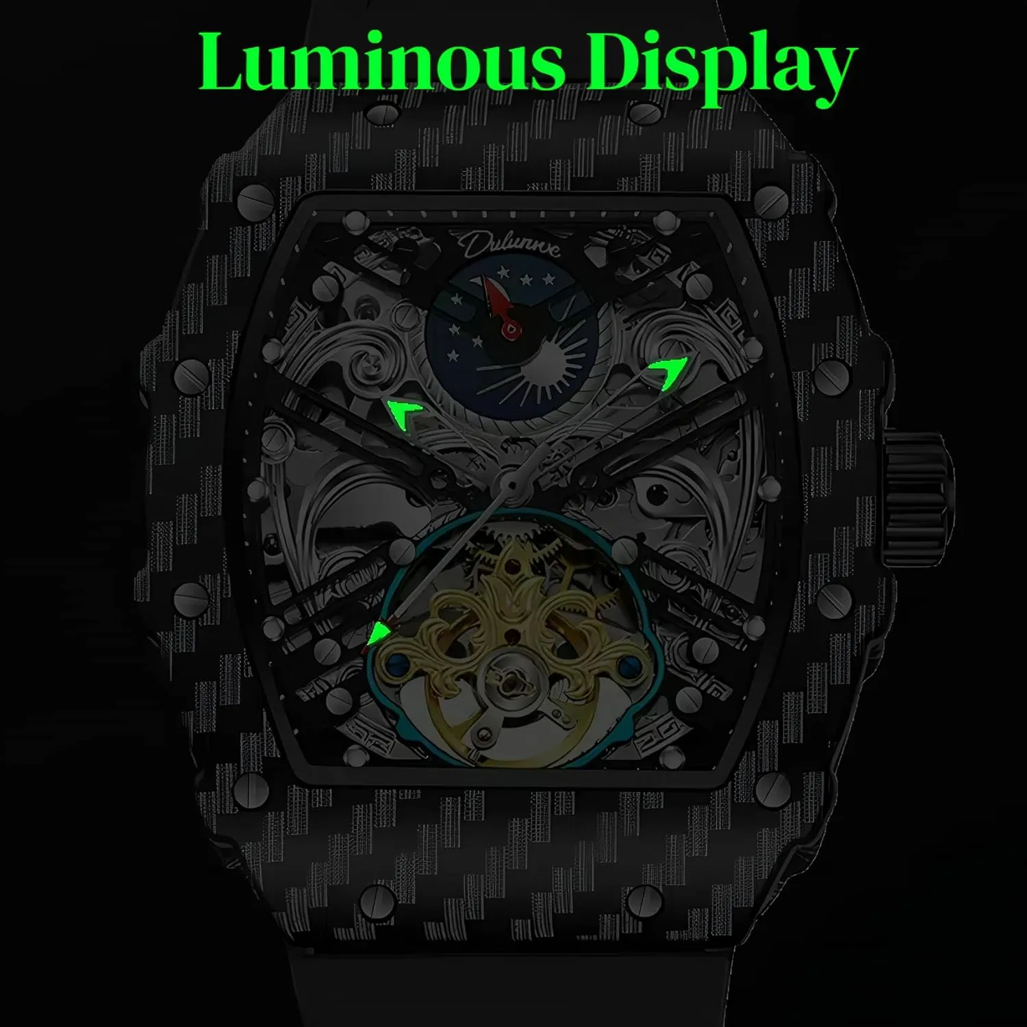 Men's Tonneau Skeleton Automatic Watch for Men Tourbillon Mechanical Wristwatch Luminous Moon Phase Man Watches
