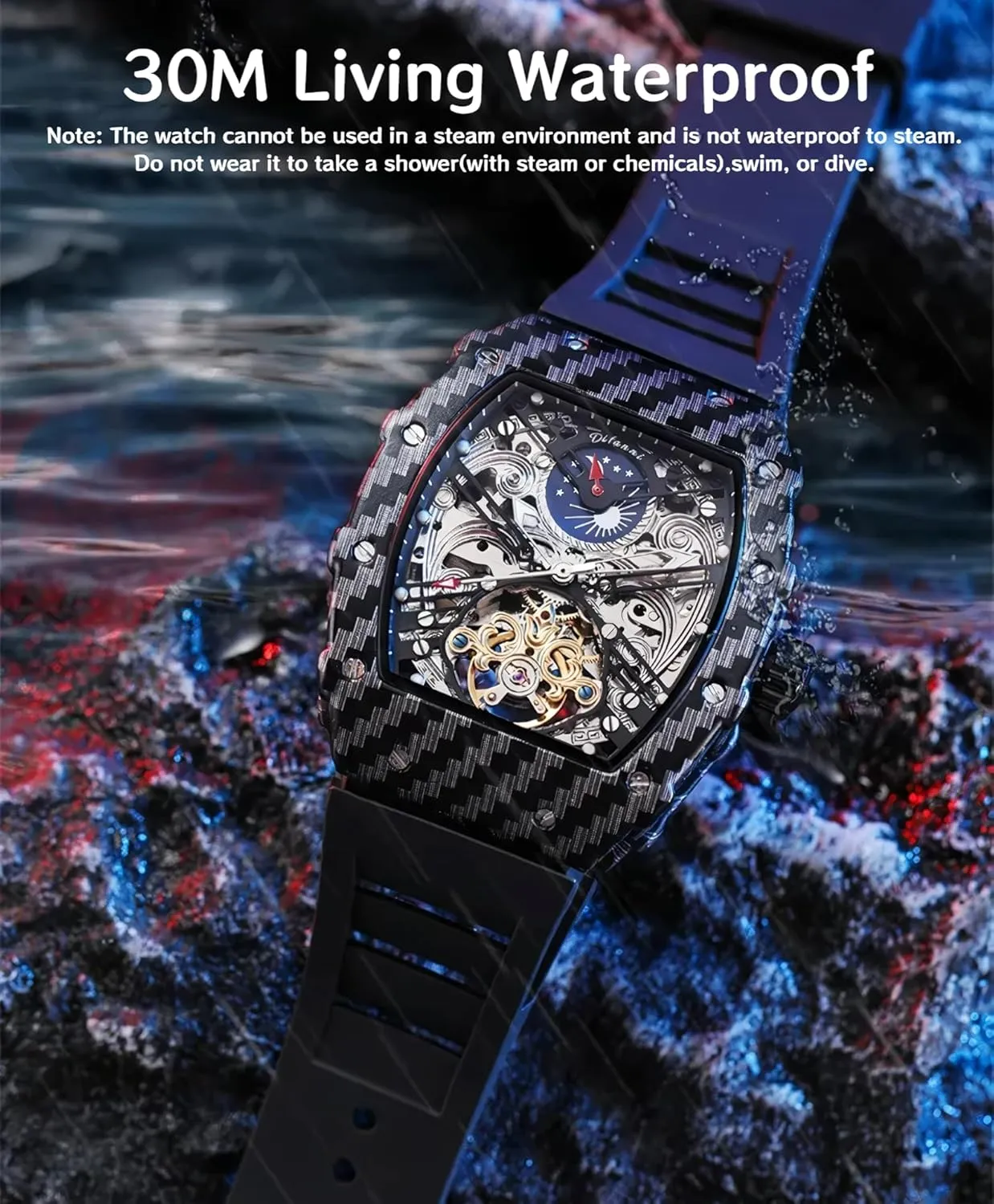 Men's Tonneau Skeleton Automatic Watch for Men Tourbillon Mechanical Wristwatch Luminous Moon Phase Man Watches