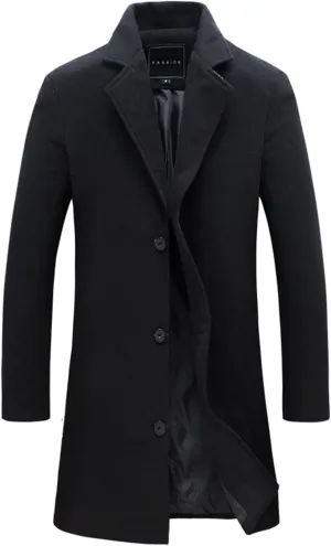Mens Trench Coats Winter Long Jackets Wool Blend Pea Coat Trendy Notched Lapel Overcoat Single Breasted Jacket