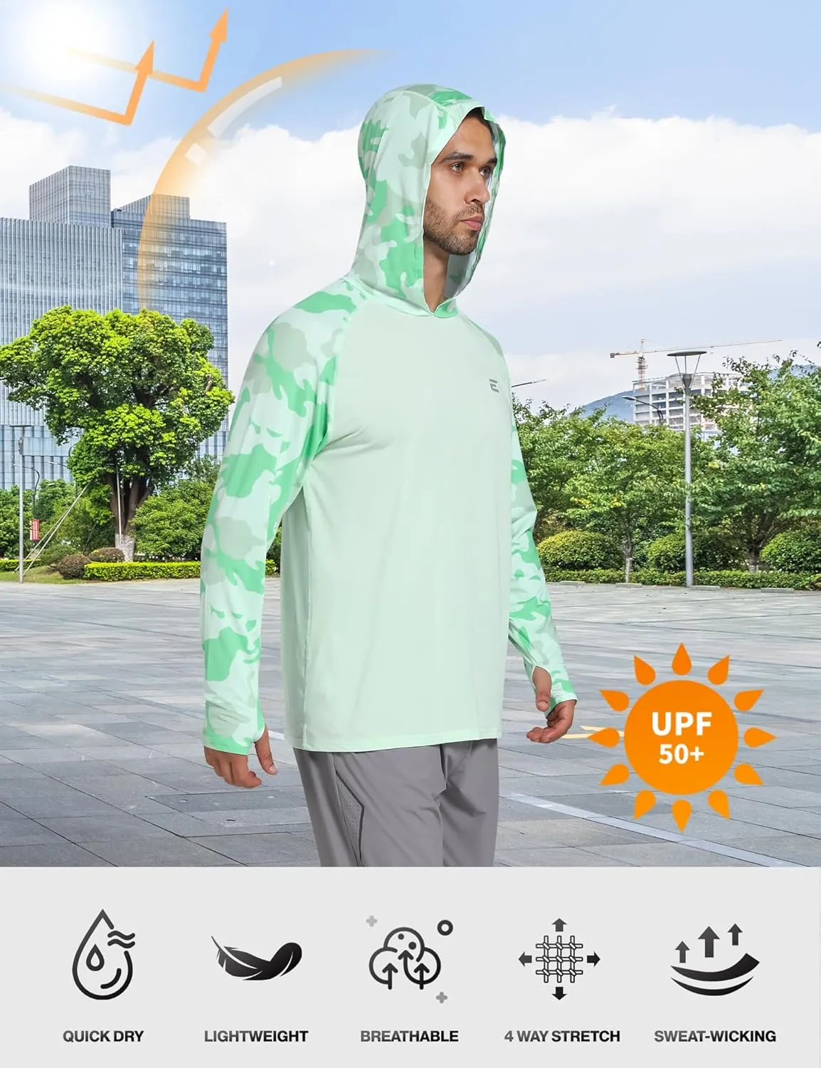 Men's UPF 50  Sun Protection Hoodie Shirts UV SPF Long Sleeve Rash Guard Fishing Swim Shirts Quick Dry