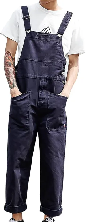 Mens Vintage Bib Overalls Dressy Casual Relaxed Fit Versatile Romper Lightweight Straight Fashion Solid Color Loose Jumpsuit