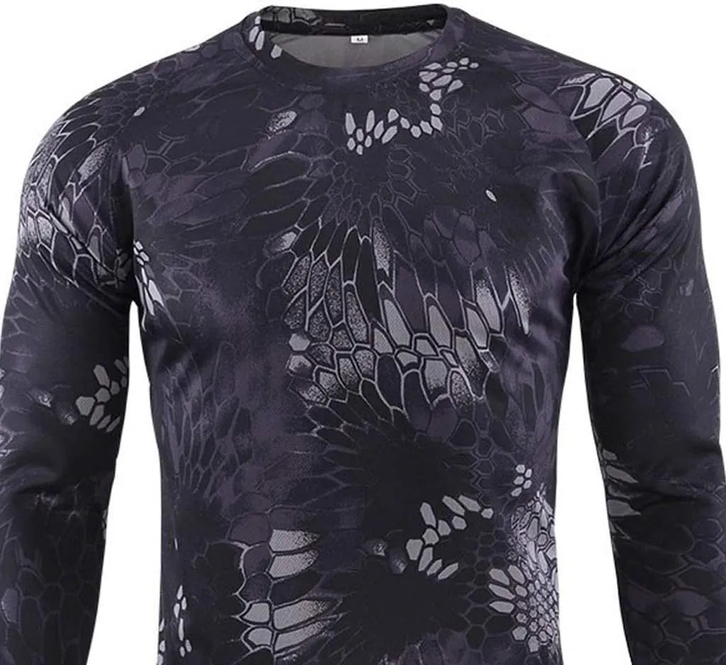 Mens Vintage Camo Shirts Casual Long Sleeve Military Camouflage Athletic Compression Shirt Hiking Fishing Tops, Black