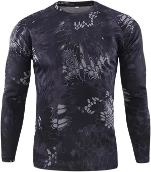 Mens Vintage Camo Shirts Casual Long Sleeve Military Camouflage Athletic Compression Shirt Hiking Fishing Tops, Black