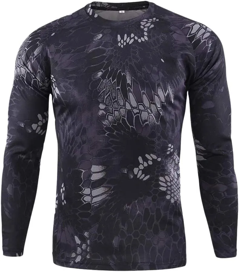 Mens Vintage Camo Shirts Casual Long Sleeve Military Camouflage Athletic Compression Shirt Hiking Fishing Tops, Black