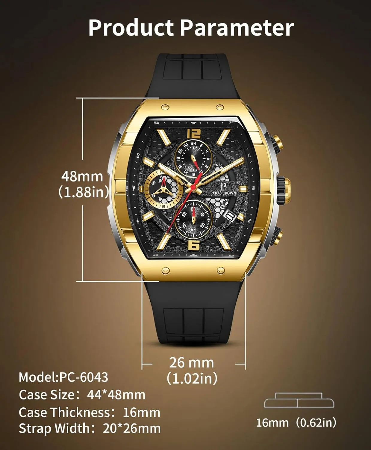 Mens Watches Analog Quartz Luxury 50M Waterproof Tonneau Watches for Men Japanese Movement Stainless Steel Case Luminous Sport Watch