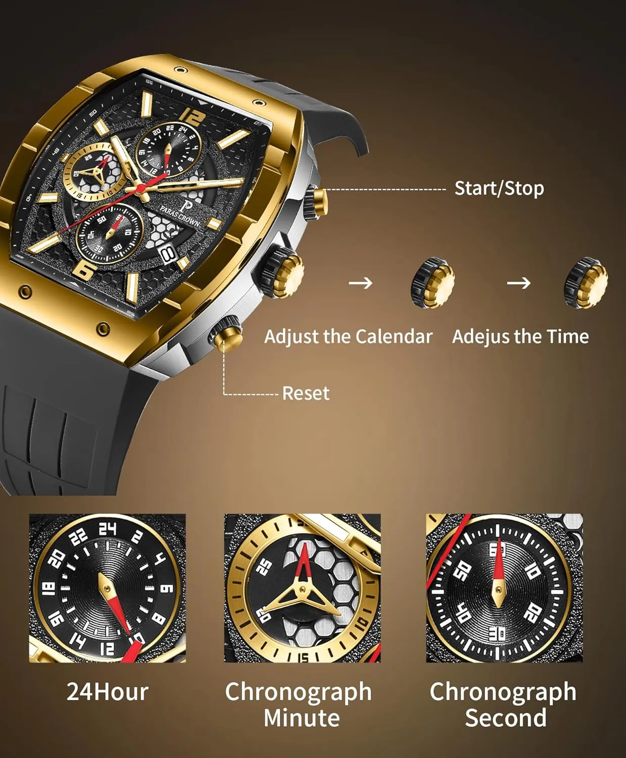 Mens Watches Analog Quartz Luxury 50M Waterproof Tonneau Watches for Men Japanese Movement Stainless Steel Case Luminous Sport Watch