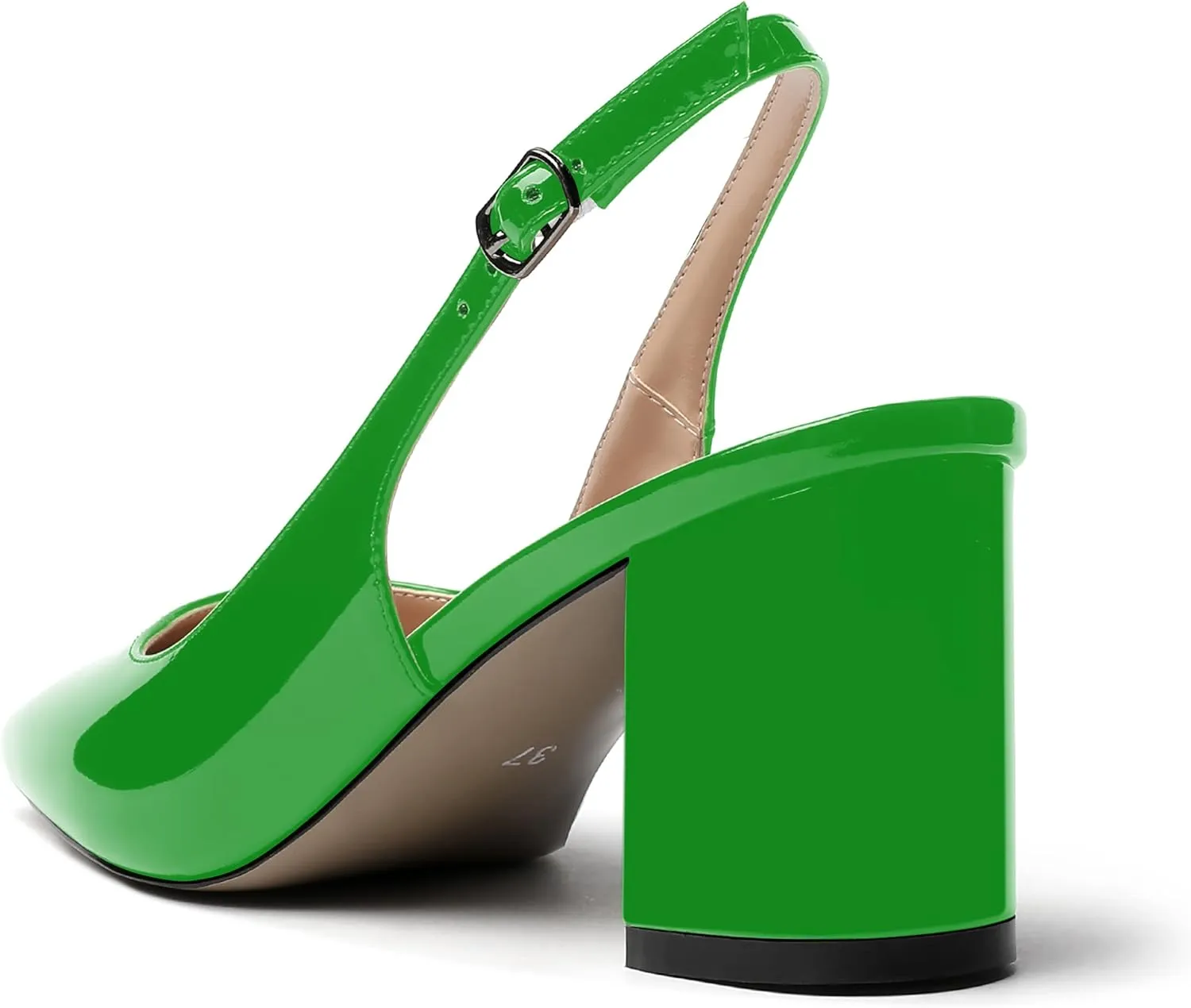 MERRORI Women's Patent Buckle Block Solid Slingback Square Toe Chunky Mid Heel Pumps Shoes 2.5 Inch