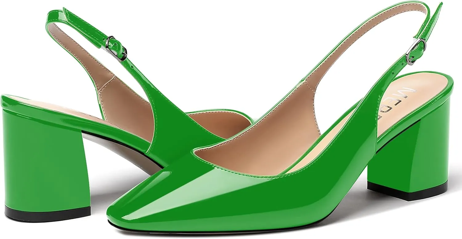 MERRORI Women's Patent Buckle Block Solid Slingback Square Toe Chunky Mid Heel Pumps Shoes 2.5 Inch