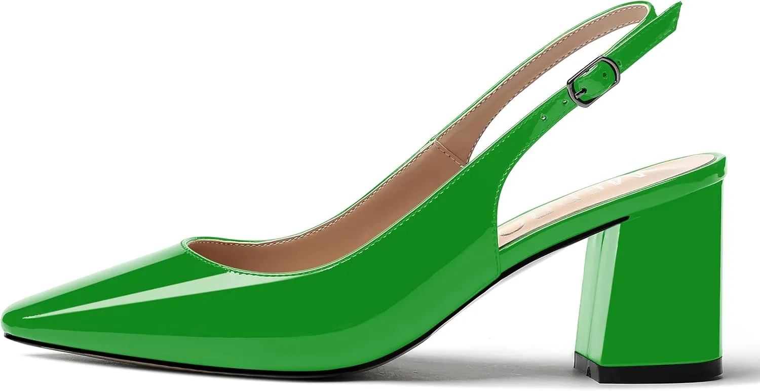 MERRORI Women's Patent Buckle Block Solid Slingback Square Toe Chunky Mid Heel Pumps Shoes 2.5 Inch