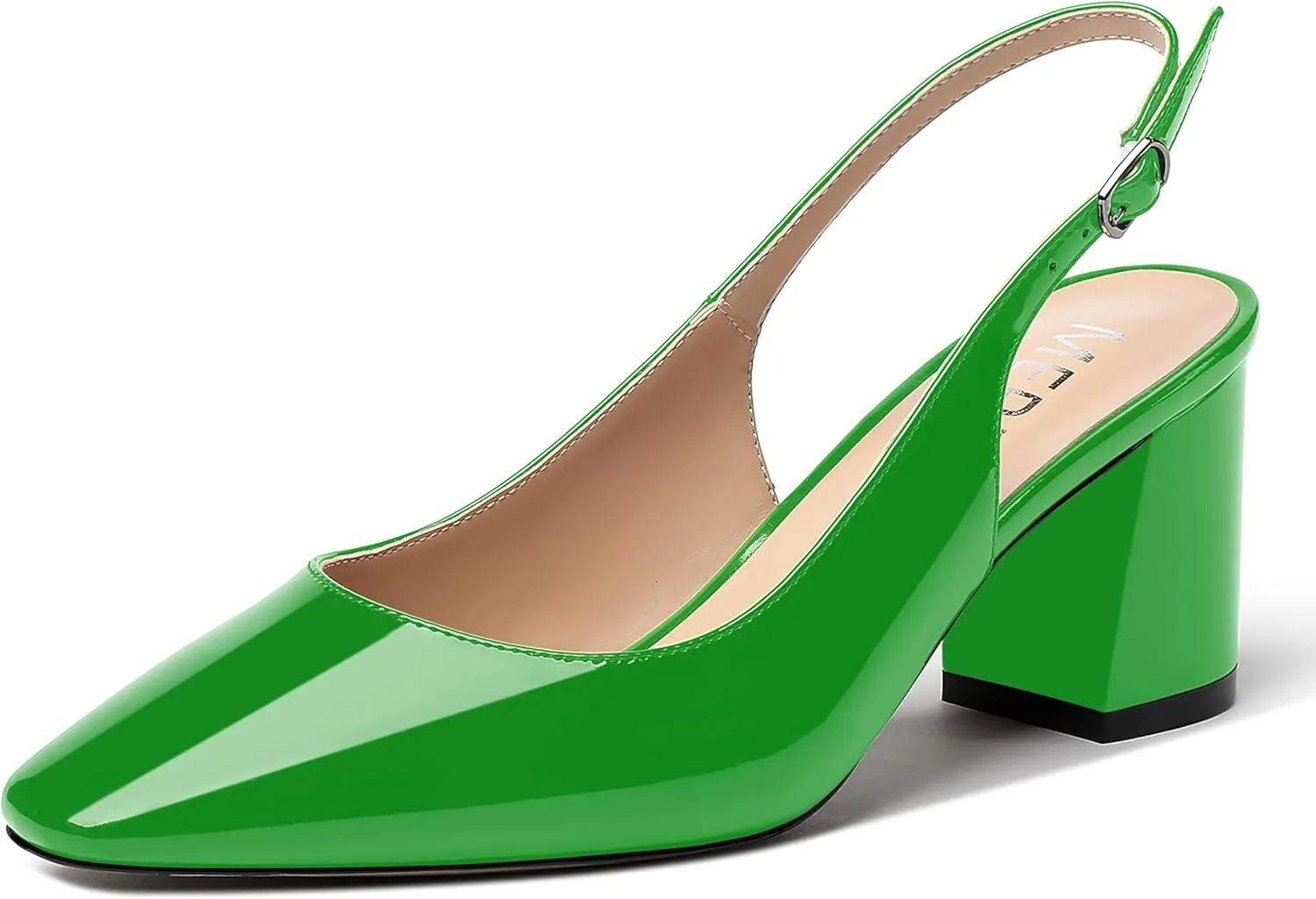 MERRORI Women's Patent Buckle Block Solid Slingback Square Toe Chunky Mid Heel Pumps Shoes 2.5 Inch