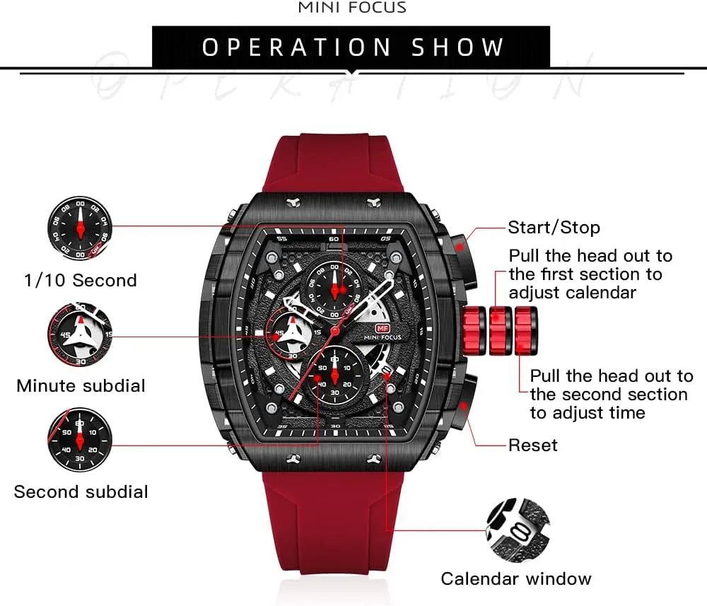 MF MINI FOCUS Men's Watch Fashion Tonneau Wrist Watches (Chronograph/Waterproof/Luminous/Calendar) Silicon Strap Quartz Watch for Men