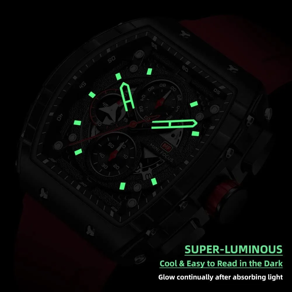 MF MINI FOCUS Men's Watch Fashion Tonneau Wrist Watches (Chronograph/Waterproof/Luminous/Calendar) Silicon Strap Quartz Watch for Men