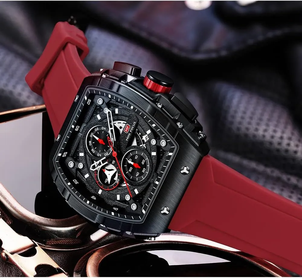 MF MINI FOCUS Men's Watch Fashion Tonneau Wrist Watches (Chronograph/Waterproof/Luminous/Calendar) Silicon Strap Quartz Watch for Men