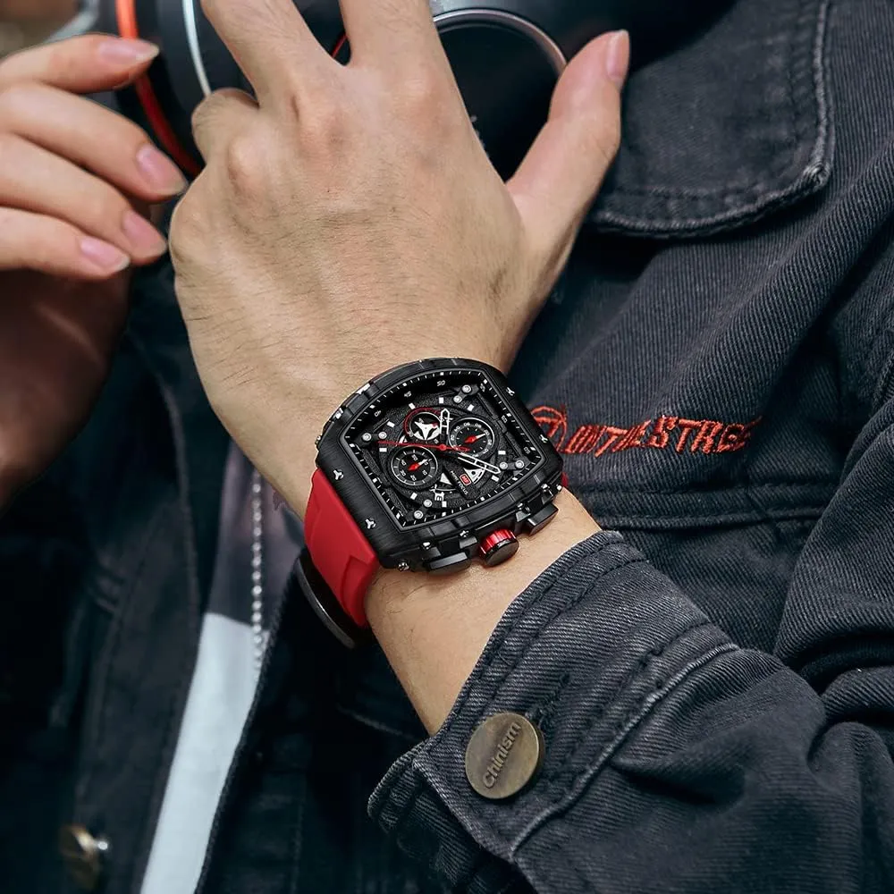 MF MINI FOCUS Men's Watch Fashion Tonneau Wrist Watches (Chronograph/Waterproof/Luminous/Calendar) Silicon Strap Quartz Watch for Men
