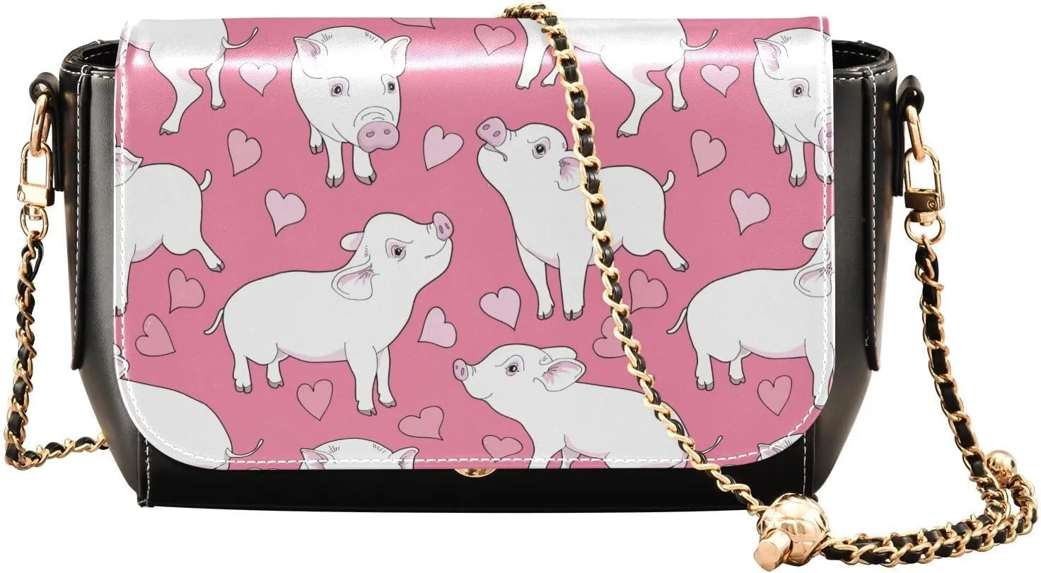 Mini Pigs and Hearts Crossbody Bags for Women, Trendy Small Shoulder Bag, PU Leather Clutch Purse Underarm Handbag Satchel HandBag with Adjustable Metal Chain