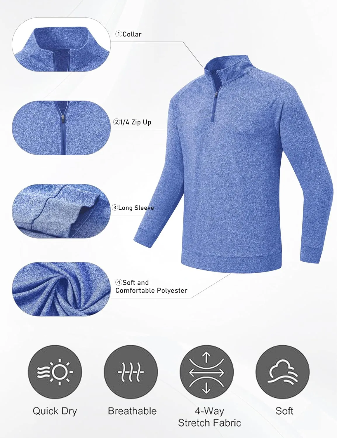 MoFiz Men's Long Sleeve Shirts Quarter Zip Pullover Men's Polo Shirts Quick Dry