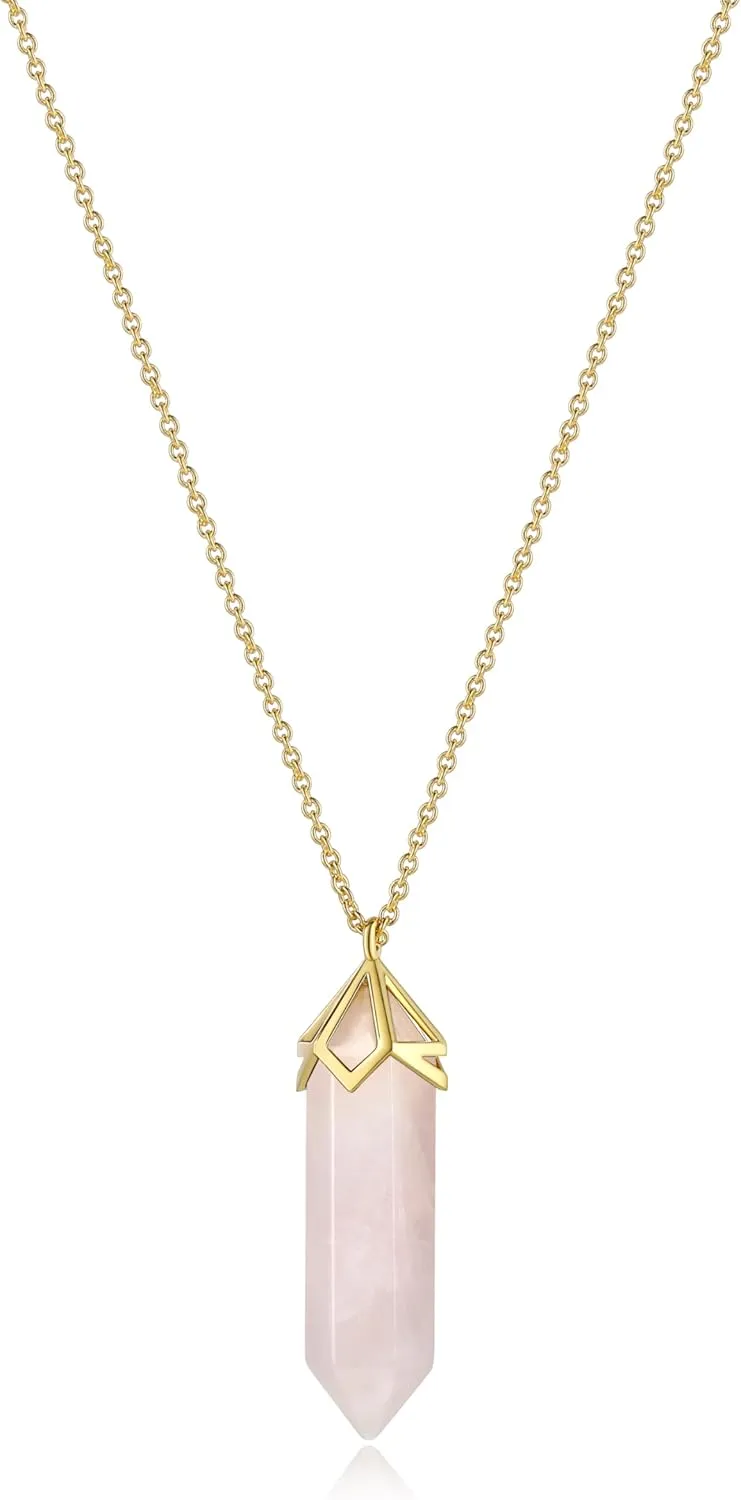 MORGAN & PAIGE Bronze 18K Gold, 14k Rose Gold or Rhodium Plated Hexagonal Crystal Pendant Necklace - Healing Chakra Necklaces for Women, Lab Created or Genuine Gemstones Gift 32 inch
