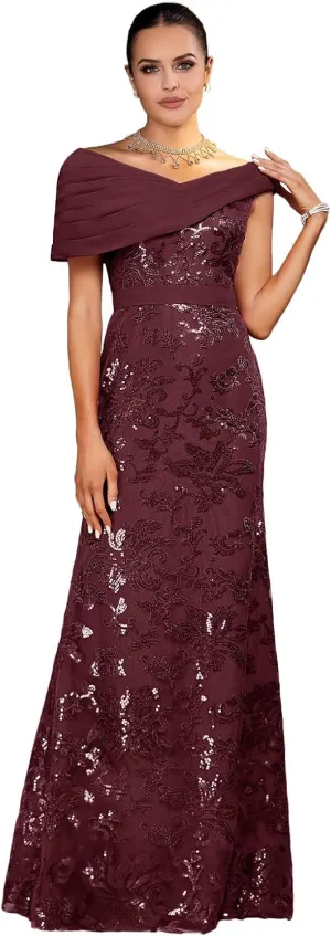 Mother of The Bride Dresses 2025 Off The Shoulder Lace Sequin Chiffon Sheath Evening Dress with Pleated