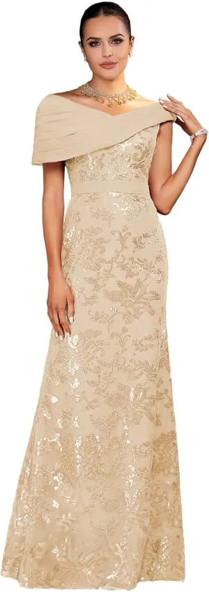 Mother of The Bride Dresses 2025 Off The Shoulder Lace Sequin Chiffon Sheath Evening Dress with Pleated
