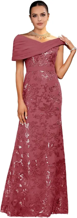 Mother of The Bride Dresses 2025 Off The Shoulder Lace Sequin Chiffon Sheath Evening Dress with Pleated