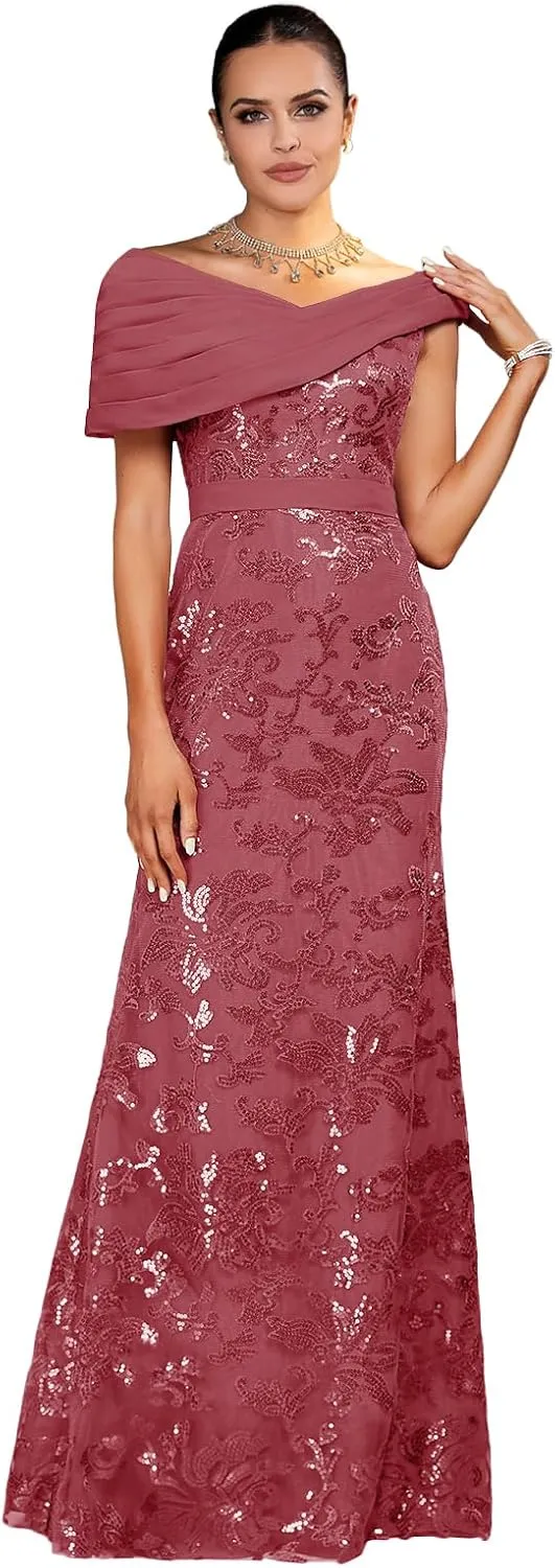 Mother of The Bride Dresses 2025 Off The Shoulder Lace Sequin Chiffon Sheath Evening Dress with Pleated