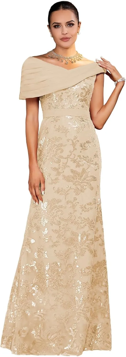 Mother of The Bride Dresses 2025 Off The Shoulder Lace Sequin Chiffon Sheath Evening Dress with Pleated