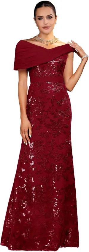 Mother of The Bride Dresses 2025 Off The Shoulder Lace Sequin Chiffon Sheath Evening Dress with Pleated