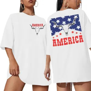 MYHALF American Flag Shirt Womens Western Cow Skull Tshirt USA Patriotic Tee 4th of July Shirts Vintage Oversize Tops