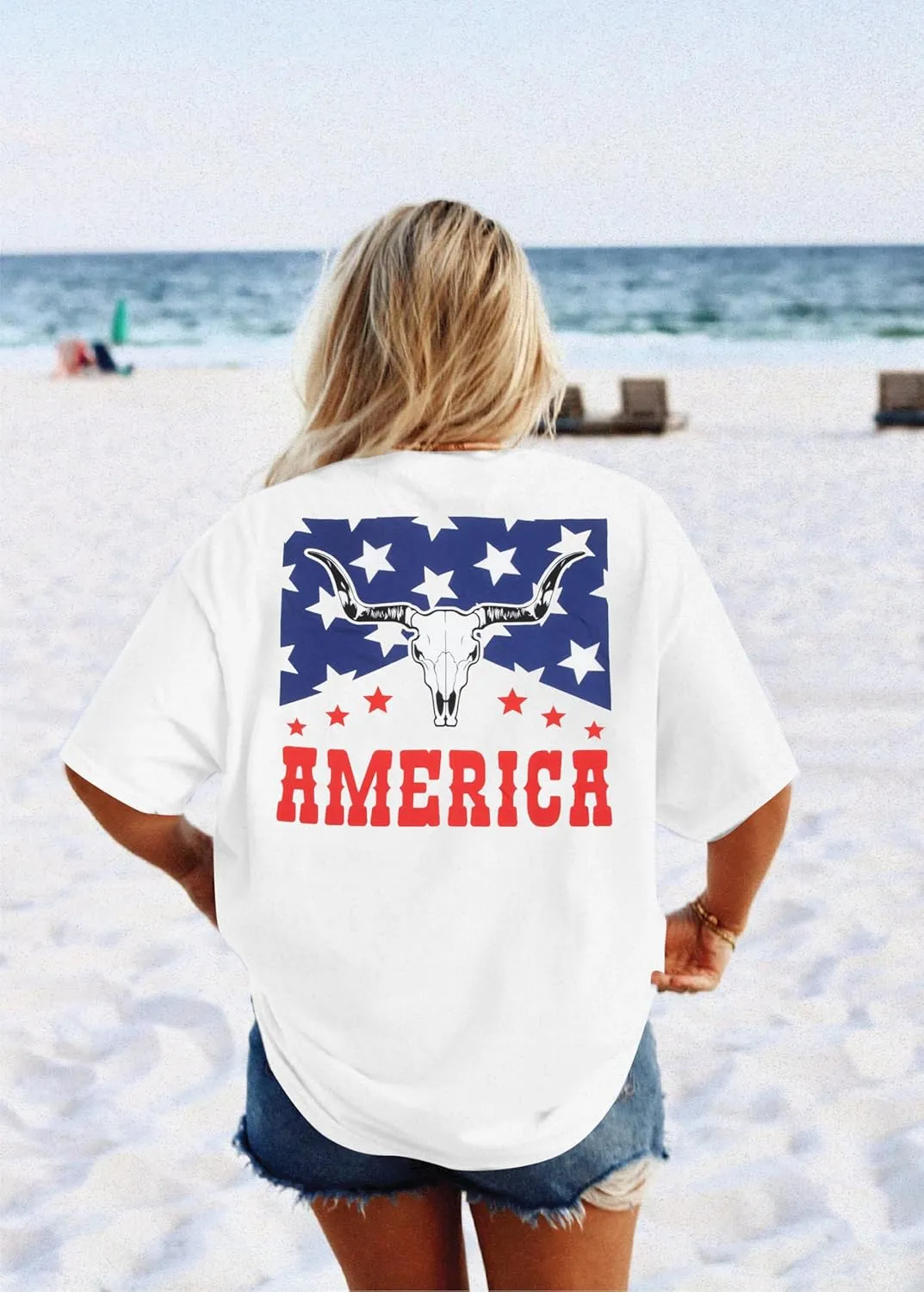 MYHALF American Flag Shirt Womens Western Cow Skull Tshirt USA Patriotic Tee 4th of July Shirts Vintage Oversize Tops