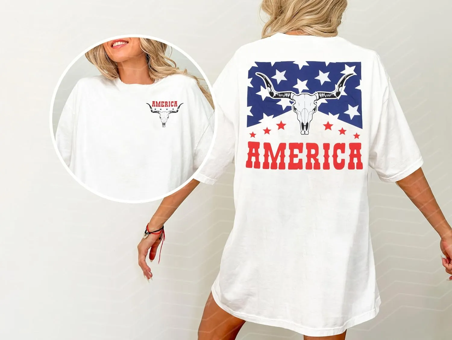 MYHALF American Flag Shirt Womens Western Cow Skull Tshirt USA Patriotic Tee 4th of July Shirts Vintage Oversize Tops