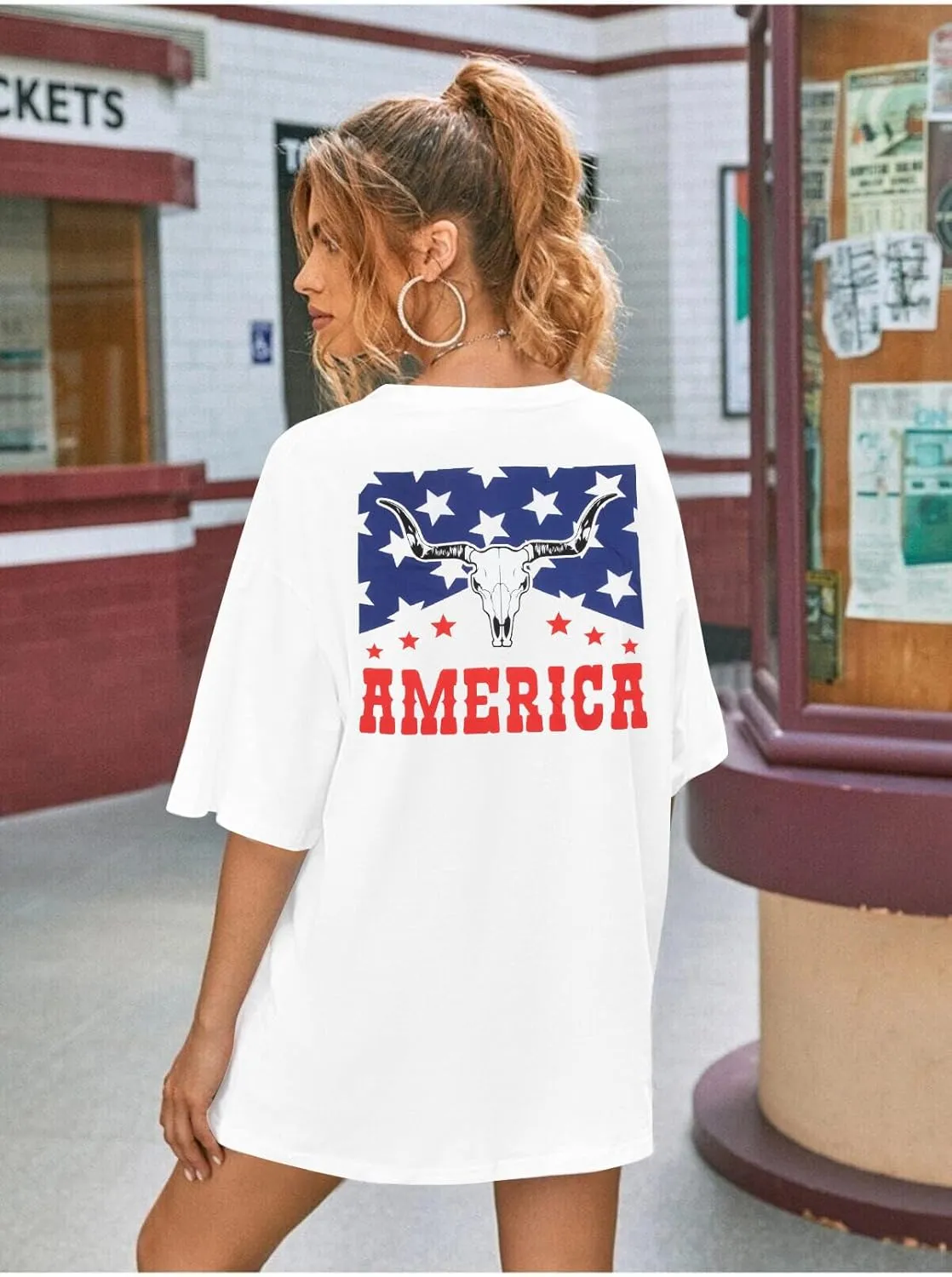 MYHALF American Flag Shirt Womens Western Cow Skull Tshirt USA Patriotic Tee 4th of July Shirts Vintage Oversize Tops