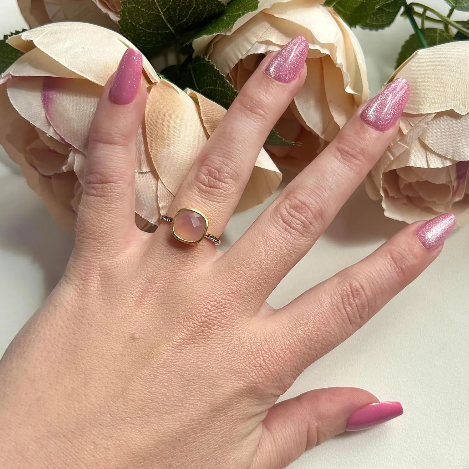 Natural Pink Chalcedony & White Topaz Pave Set Ring, 925 Sterling Silver, Vermeil Gold, Black Silver Stackable Gemstone Ring, Square Gem Ring, Sturdy Setting Birthstone Ring, Alt October Birthstone