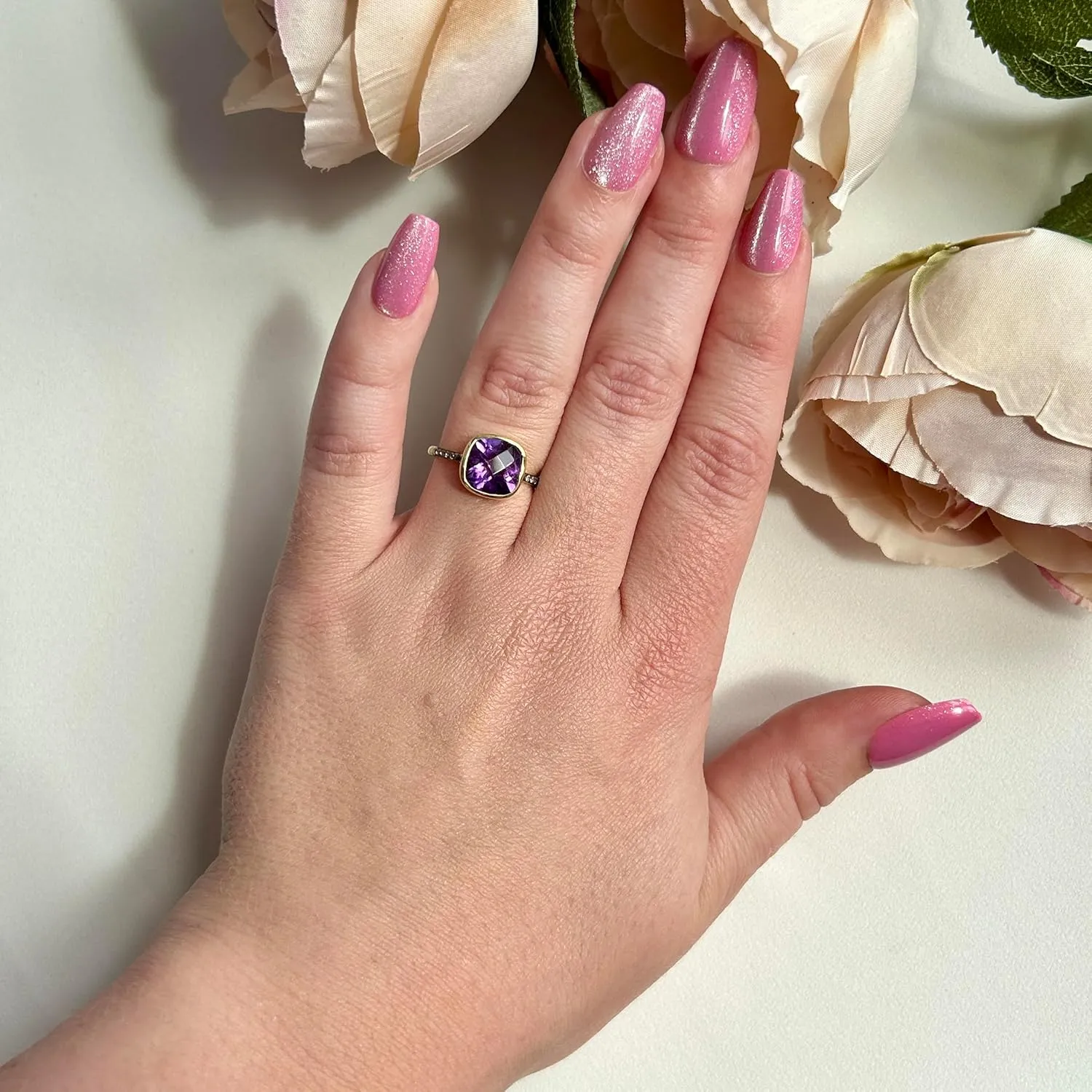 Natural Purple Amethyst & White Topaz Pave Set Ring, 925 Sterling Silver, Vermeil Gold, Black Silver Stackable Gemstone Ring, Square Gem Ring, Sturdy Setting Birthstone Ring, February Birthstone Ring