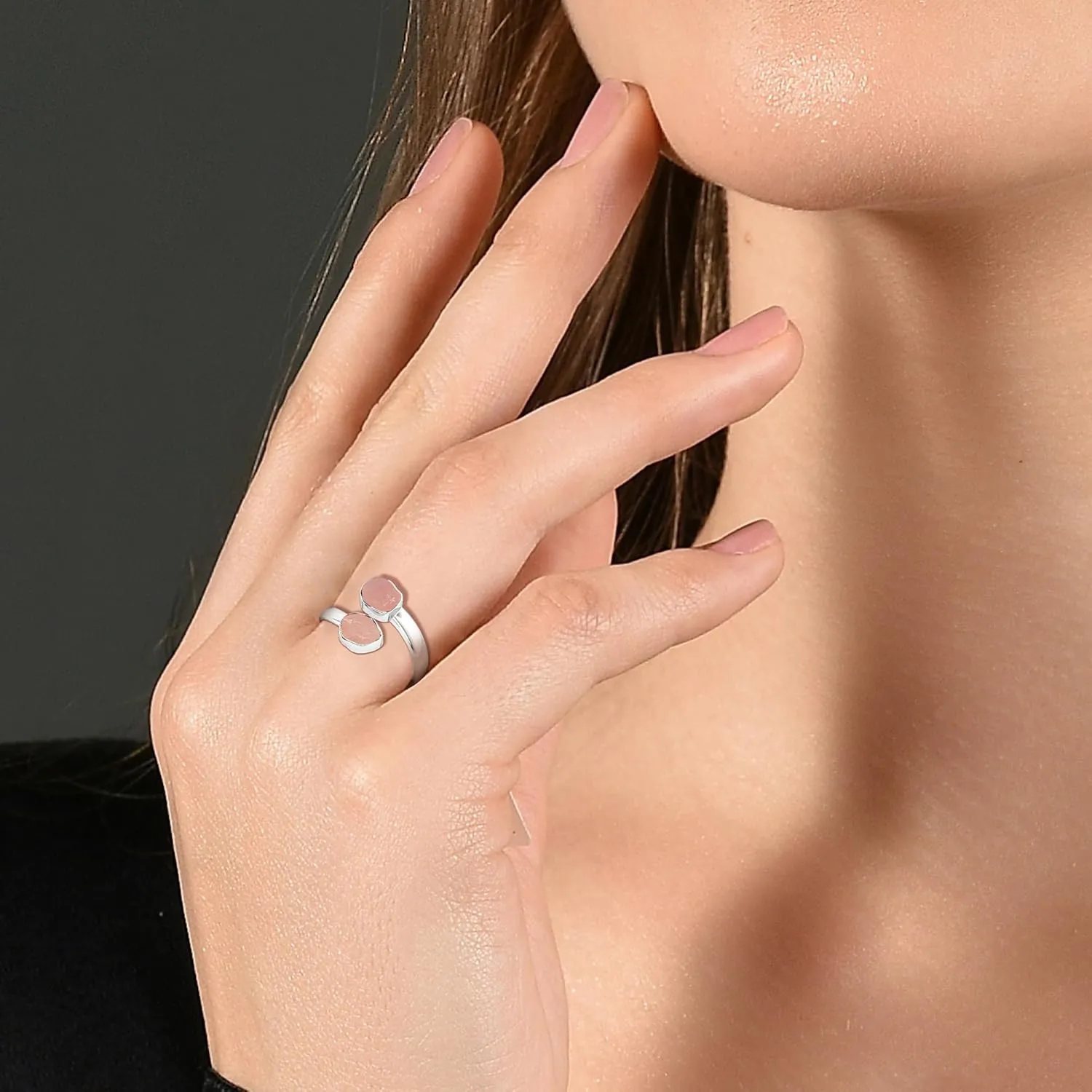 Natural Raw/Rough Rose Quartz 2 Stone Size Adjustable Stackable Twister Ring for Women in Sterling Silver, January Birthstone Jewelry Gifts for Her (Bezel-Set)