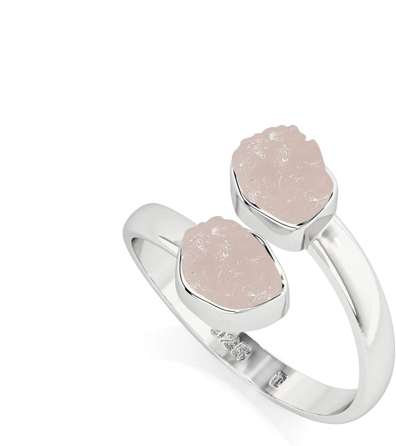 Natural Raw/Rough Rose Quartz 2 Stone Size Adjustable Stackable Twister Ring for Women in Sterling Silver, January Birthstone Jewelry Gifts for Her (Bezel-Set)