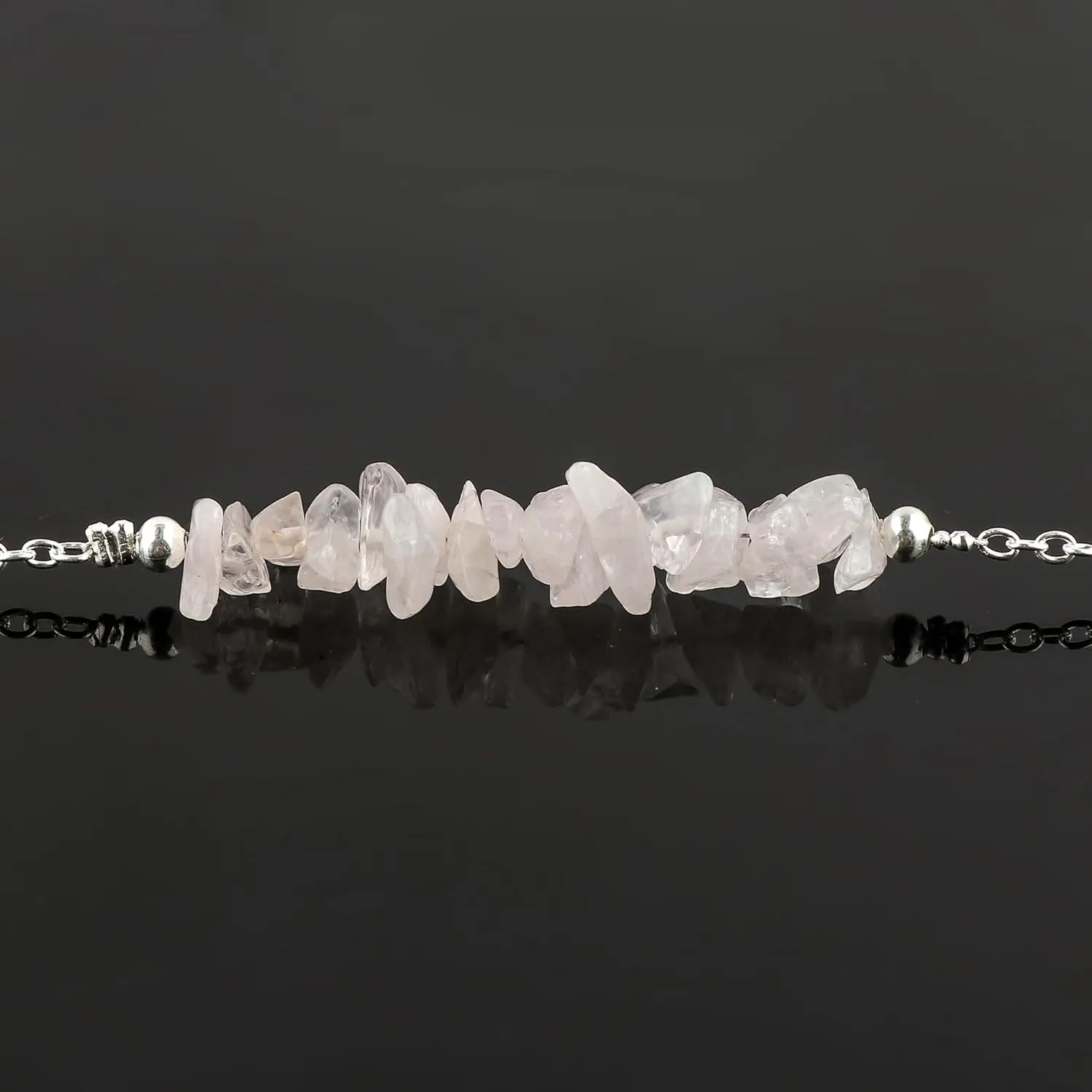 Natural Rose Quartz Chips Bar Bracelet, Healing Crystal, Silver Plated Raw Beads Bracelet, 7 1 inch Adjustable Chain, Gift For Her, Valentine Day Gift (Rose Quartz)