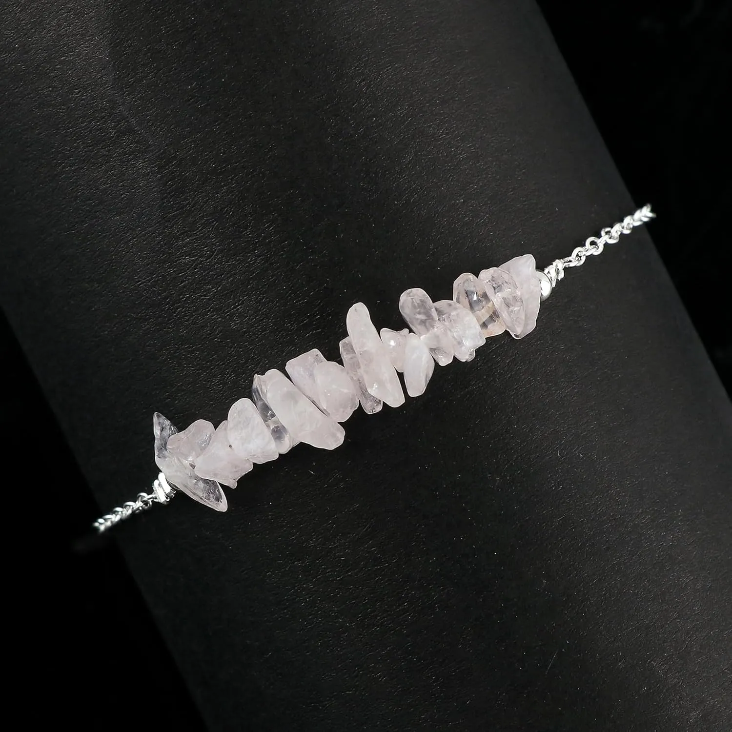 Natural Rose Quartz Chips Bar Bracelet, Healing Crystal, Silver Plated Raw Beads Bracelet, 7 1 inch Adjustable Chain, Gift For Her, Valentine Day Gift (Rose Quartz)