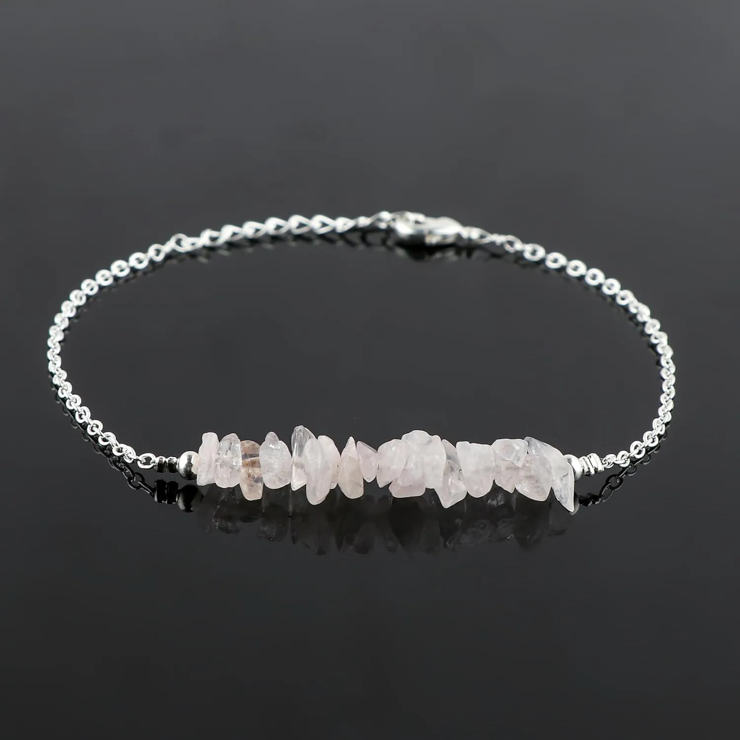 Natural Rose Quartz Chips Bar Bracelet, Healing Crystal, Silver Plated Raw Beads Bracelet, 7 1 inch Adjustable Chain, Gift For Her, Valentine Day Gift (Rose Quartz)