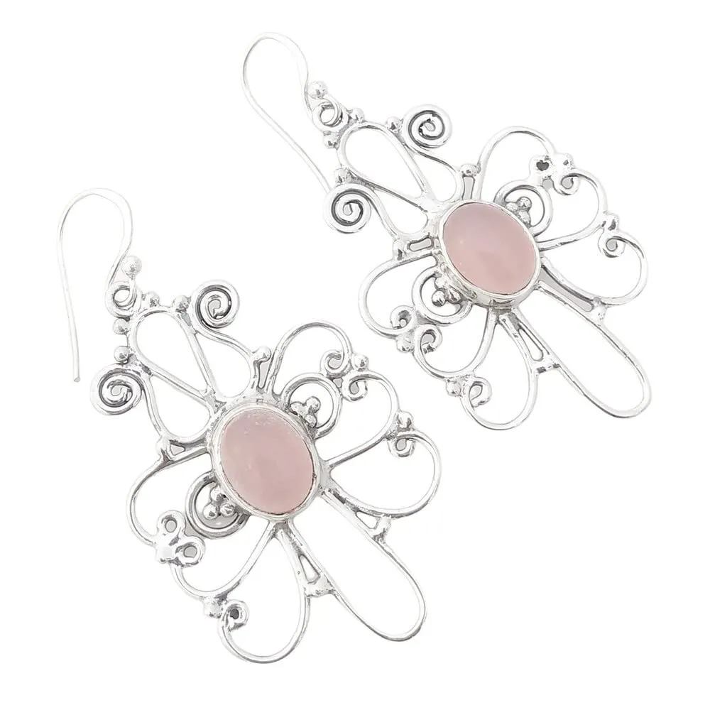 Natural Rose Quartz Earrings Dangle, 925 Sterling Silver Earrings For Women, Silver Dangle Earrings, Bezel Set Oval Pink Gemstone, Minimalist Earrings, Hypoallergenic, Mothers Day Gift