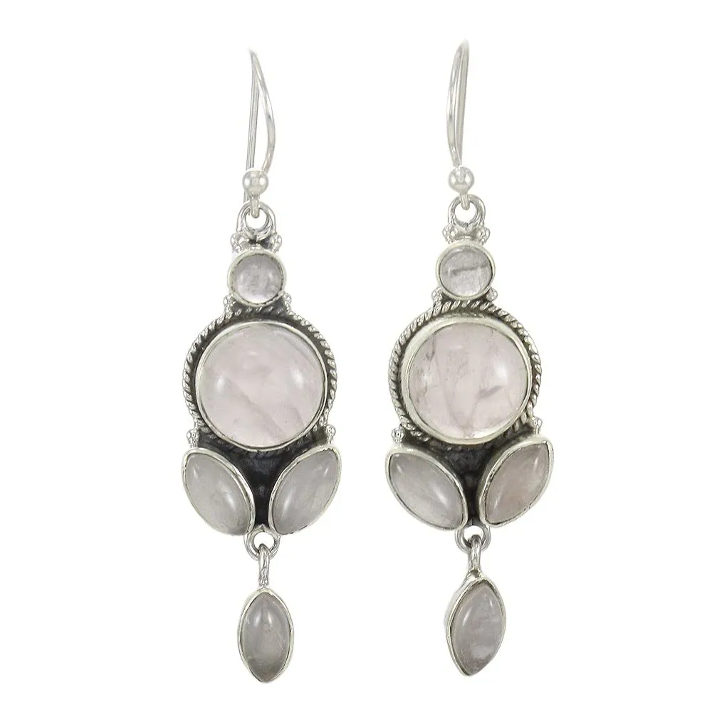 Natural Rose Quartz Earrings Dangle, 925 Sterling Silver Earrings For Women, Silver Dangle Earrings, Bezel Set Round Pink Gemstone, Bohemian Earrings, Hypoallergenic, Christmas Gift