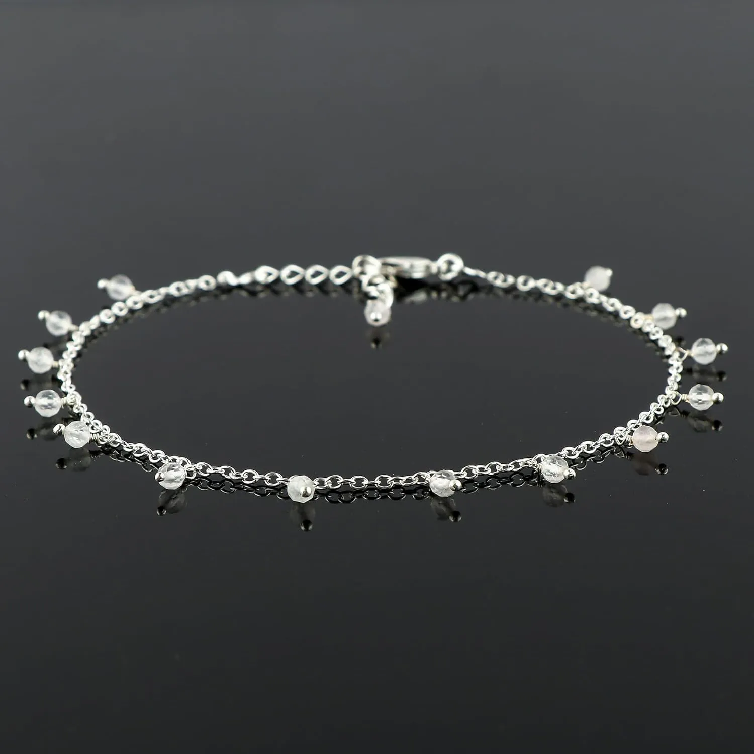 Natural Rose Quartz Gemstone Anklets, Handmade Jewelry, Hanging Beaded Ankle Bracelet, Silver Adjustable Chain, January Birthstone, Gift for Women, 9 1.50 inch
