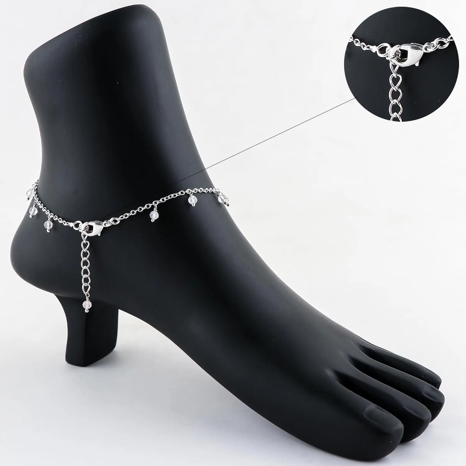 Natural Rose Quartz Gemstone Anklets, Handmade Jewelry, Hanging Beaded Ankle Bracelet, Silver Adjustable Chain, January Birthstone, Gift for Women, 9 1.50 inch