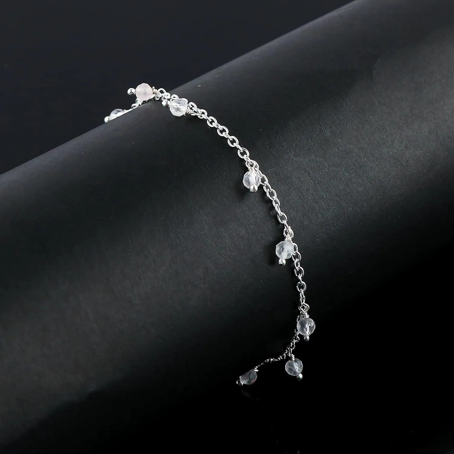 Natural Rose Quartz Gemstone Anklets, Handmade Jewelry, Hanging Beaded Ankle Bracelet, Silver Adjustable Chain, January Birthstone, Gift for Women, 9 1.50 inch