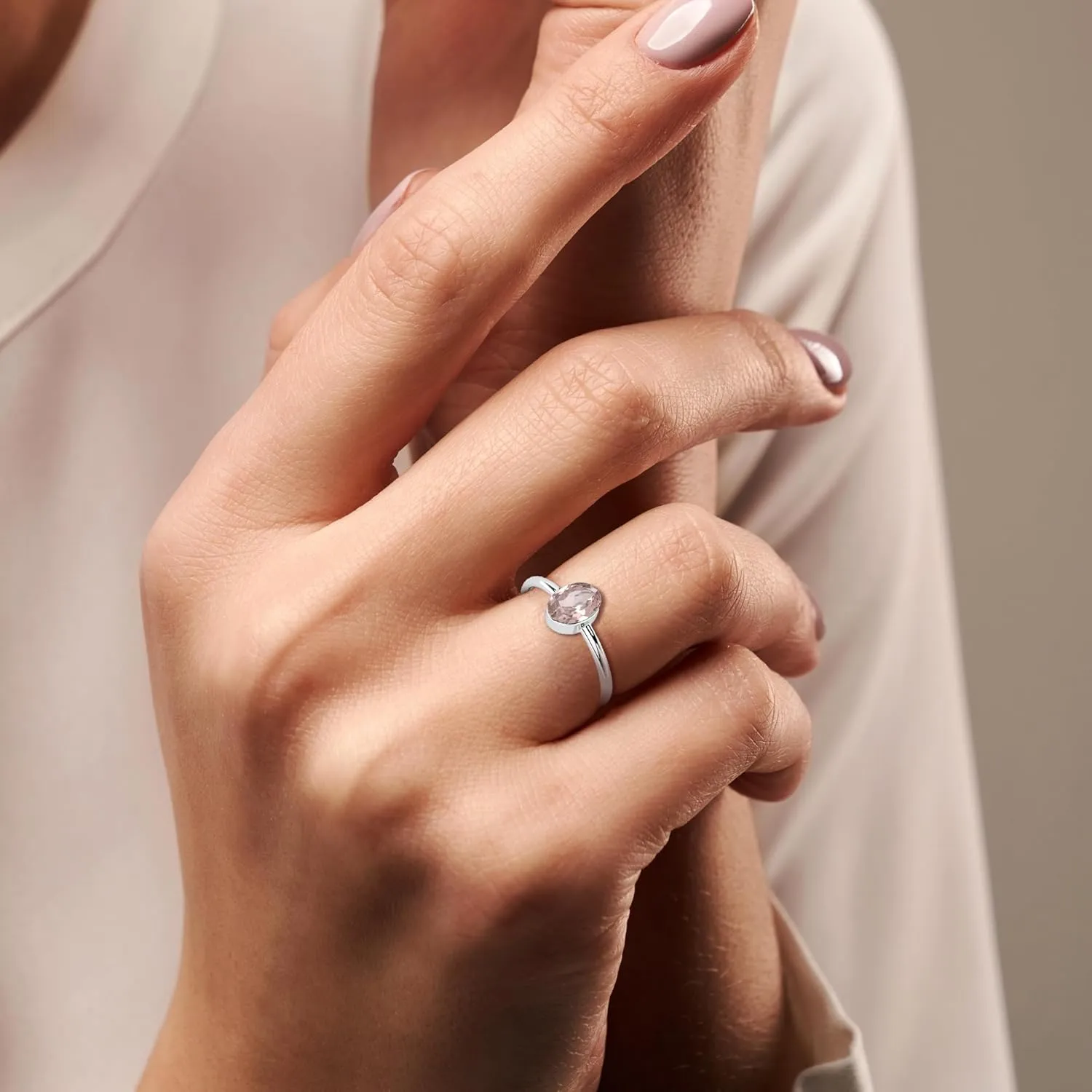 Natural Rose Quartz Stackable Ring for Women in Sterling Silver, January Birthstone Jewelry Gifts for Her (Round, Oval, Pear)