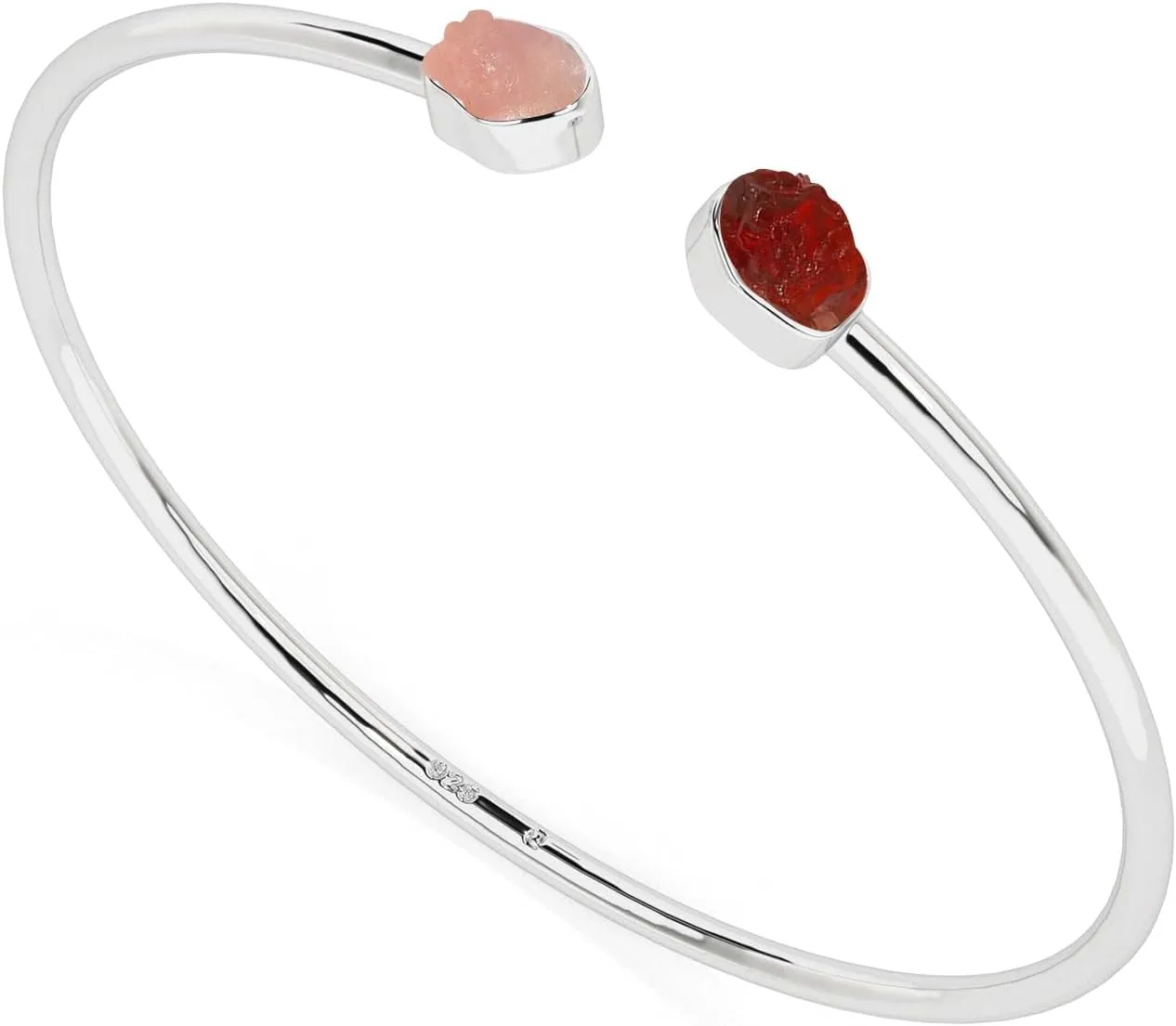 Natural Rough Red Garnet and Rose Quartz 2 Stone Adjustable Twister Bangle Bracelet for Women in Sterling Silver, January Birthstone Jewelry Gifts for Her Birthday, Anniversary