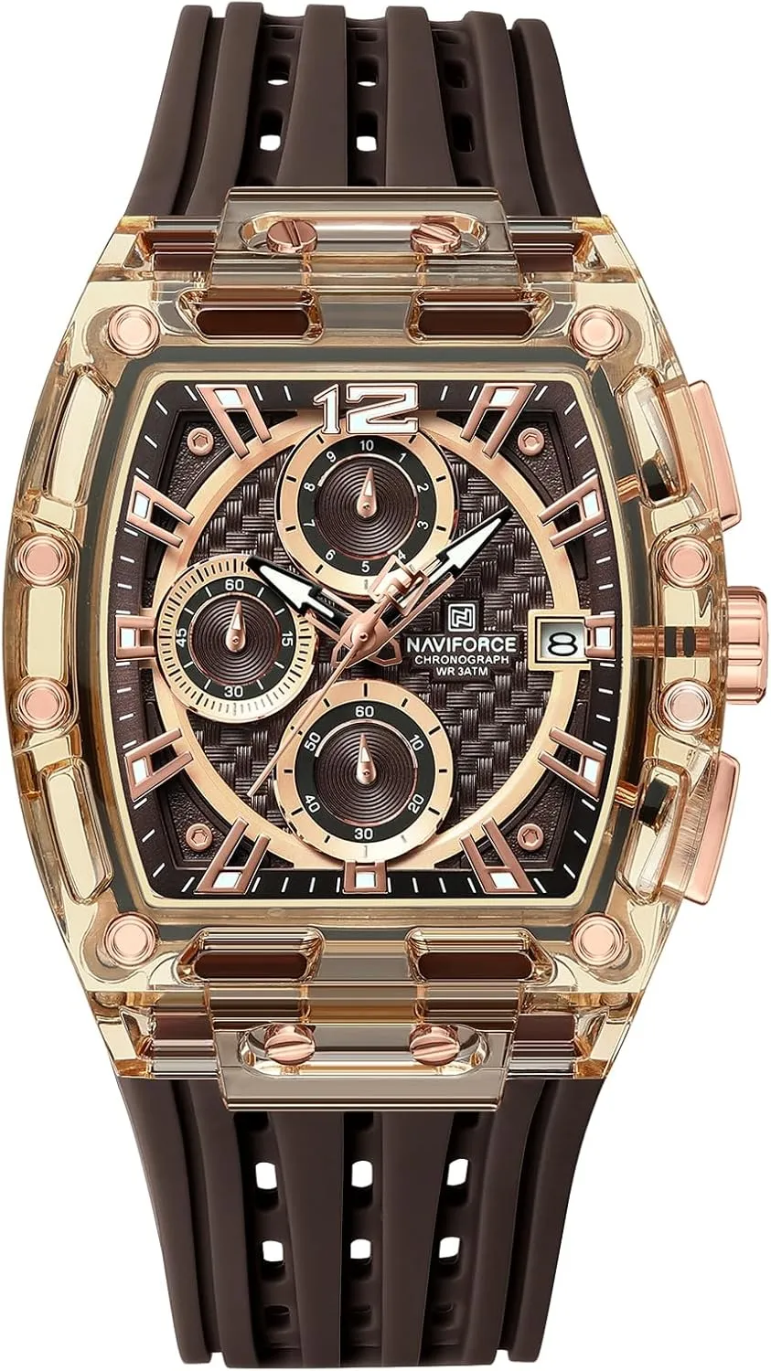 NAVIFORCE Men's Watch Fashion Sport Rectangle Wrist Watches (Chronograph/Waterproof/Luminous/Calendar) Silicon Strap Quartz Watch for Men